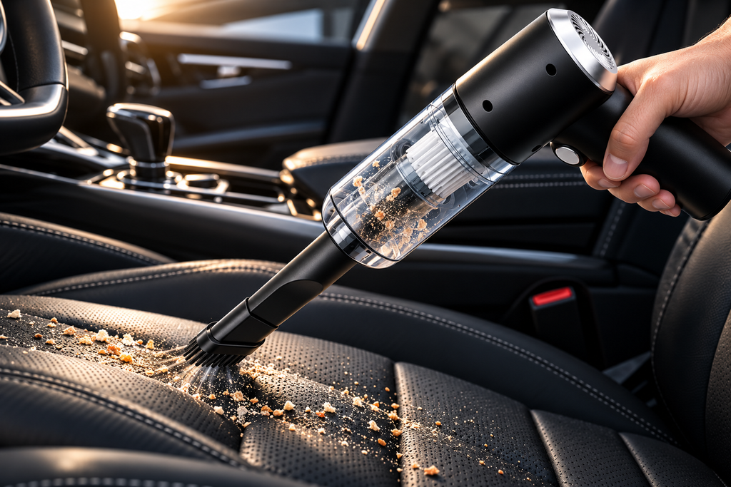 Detalle premium de ARKÉVIC VAC ONE aspirando un asiento de coche